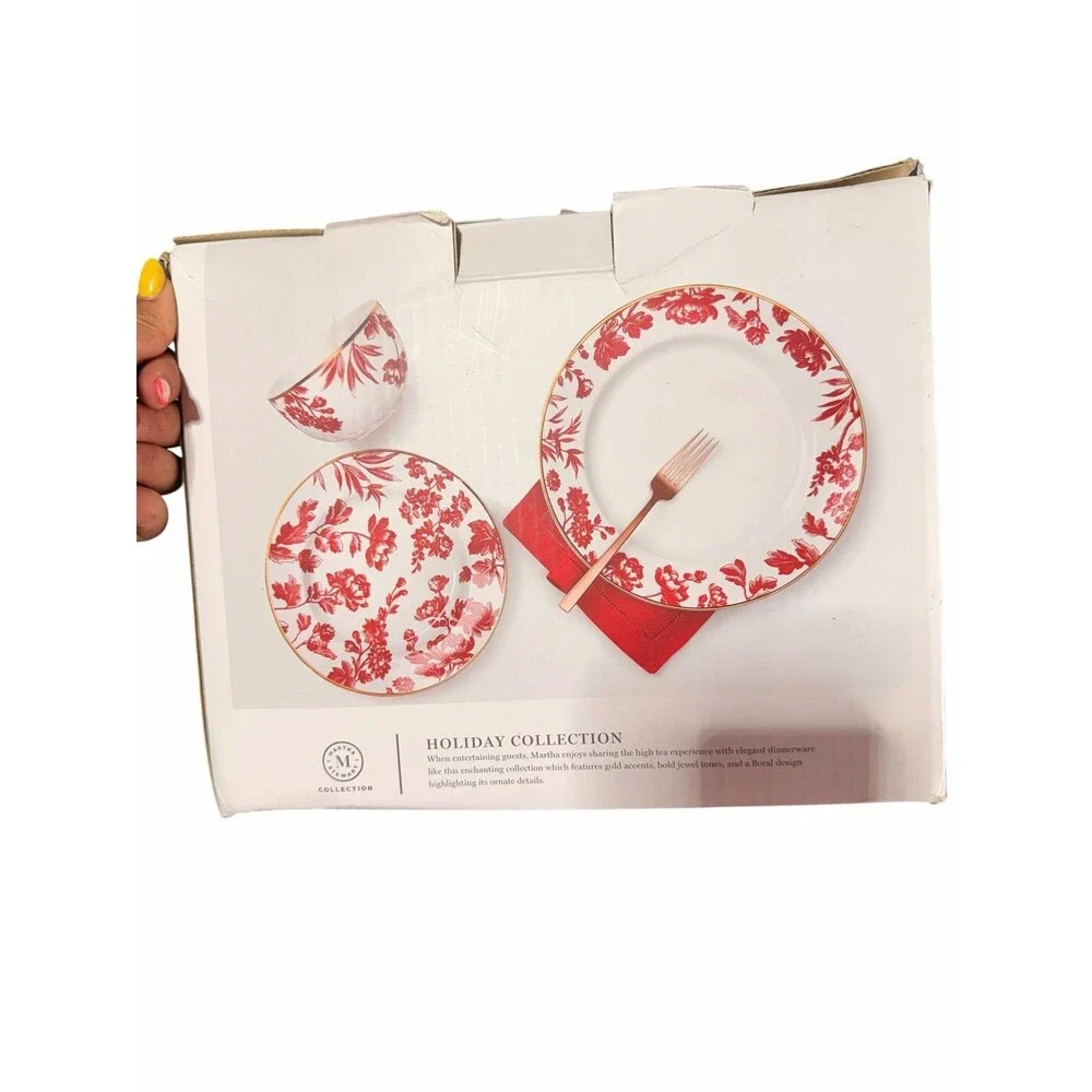 New Martha Stewart Holiday Collection red floral 12 piece dinnerware set
